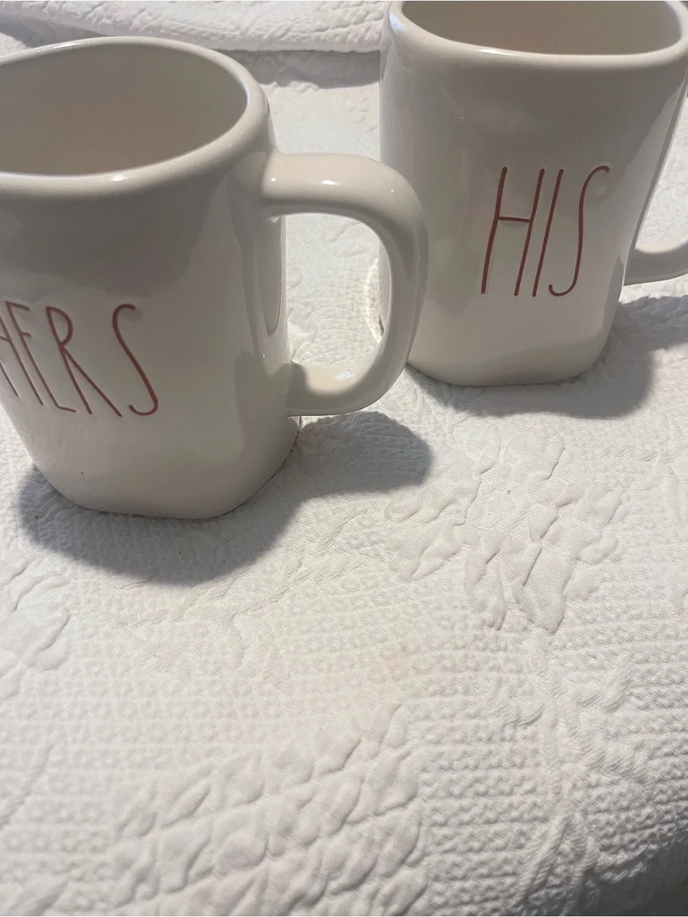 Rae Dunn White Ceramic Mug Set with Black Stamp His&Hers in red almost 5” High